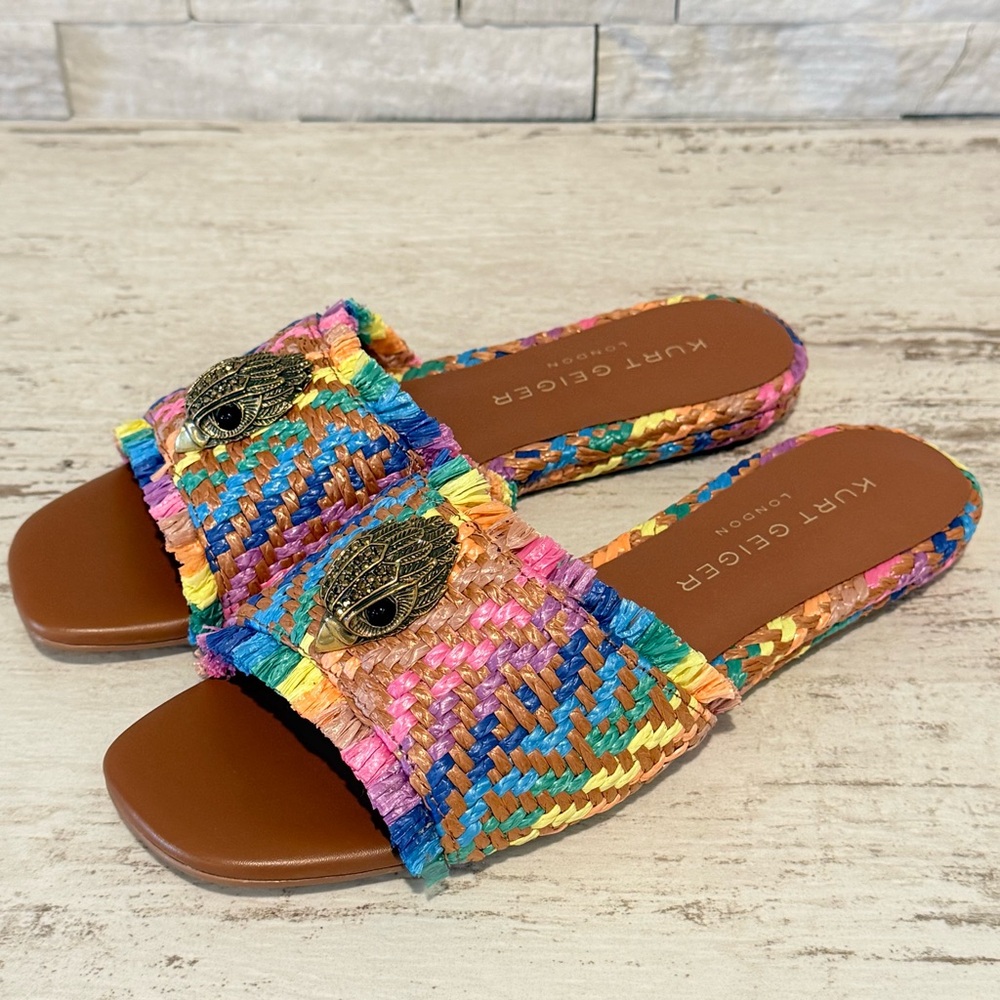 Kurt Geiger Kensington Eagle Casual Rainbow Flat Raffia Slide Sandals 36.5 EU - Picture 2 of 16
